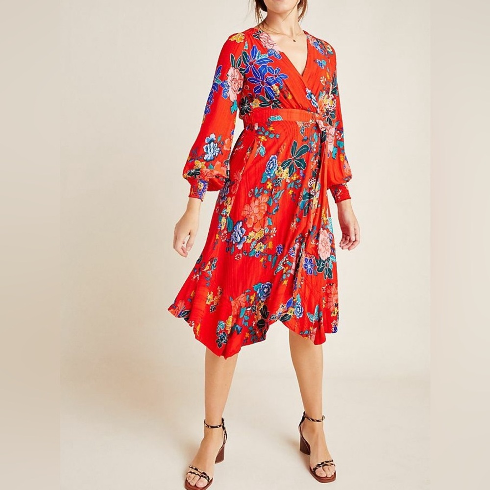 Anthropologie Boswell Textured Wrap Red Floral Long Sleeve Dress Sz 4 - Picture 2 of 10